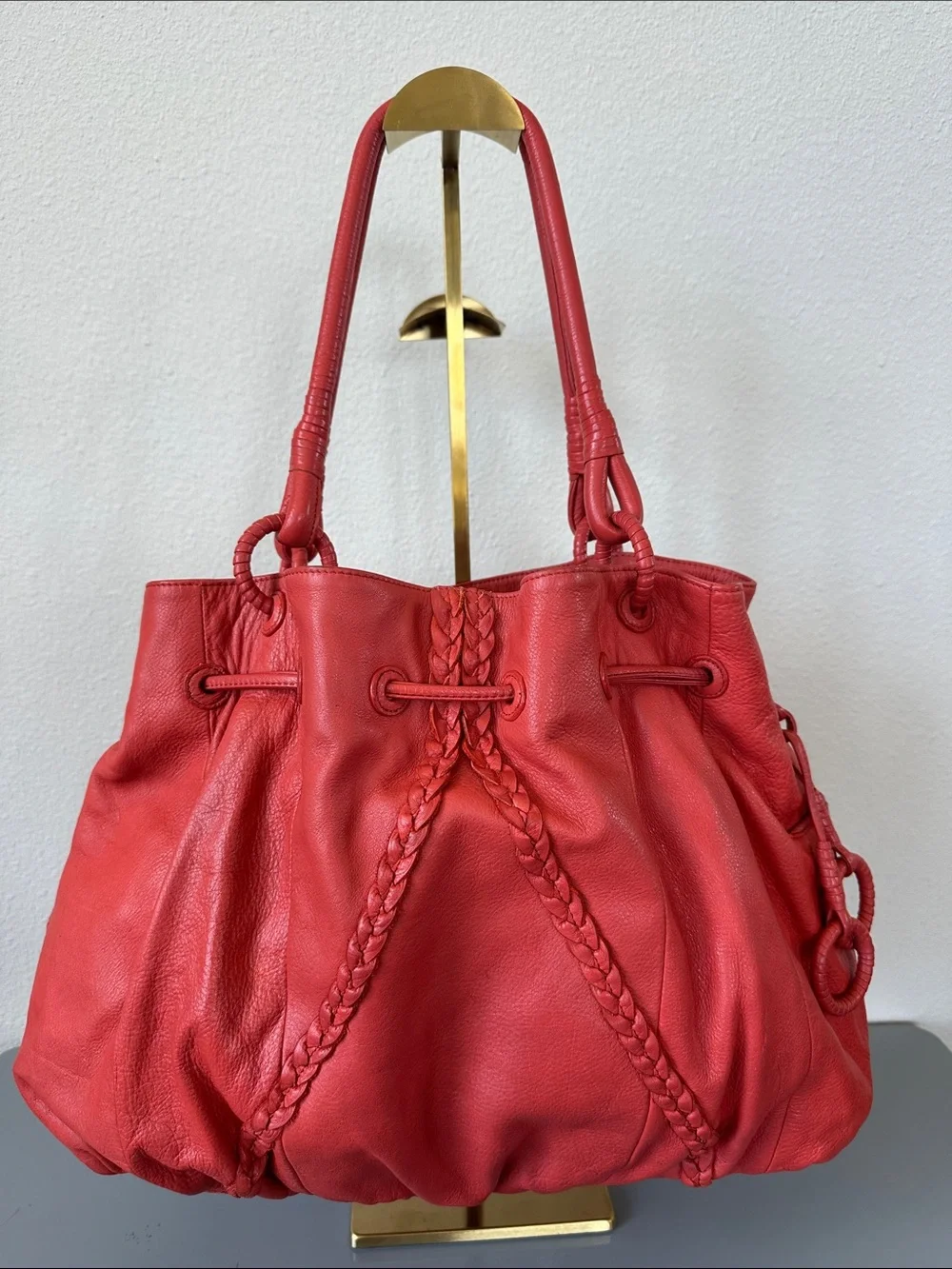 Fiore by Isabella Fiore, Deep coral/orange, 100% Leather Drawstring Tote w/ GHW